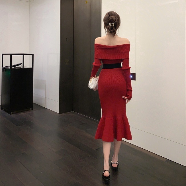 ワンピース レディース ロングワンピース S M L 韓国 マーメイドワンピース ロング丈 長袖 オフショルダー スレンダーライン 異素材ドッキング ウエストベルト ニット きれいめ 大人 お洒落