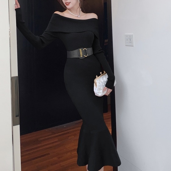 ワンピース レディース ロングワンピース S M L 韓国 マーメイドワンピース ロング丈 長袖 オフショルダー スレンダーライン 異素材ドッキング ウエストベルト ニット きれいめ 大人 お洒落