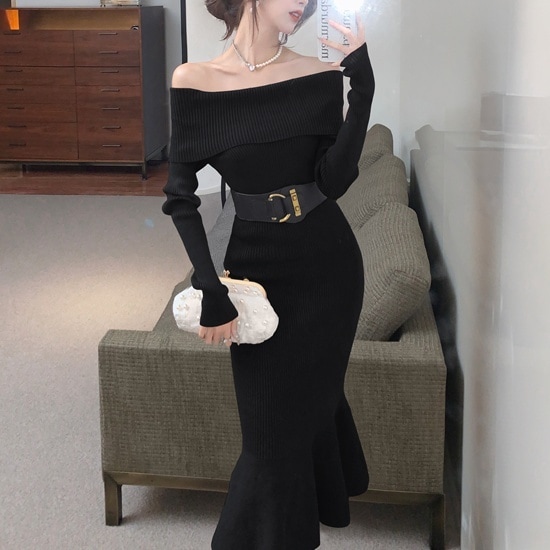 ワンピース レディース ロングワンピース S M L 韓国 マーメイドワンピース ロング丈 長袖 オフショルダー スレンダーライン 異素材ドッキング ウエストベルト ニット きれいめ 大人 お洒落