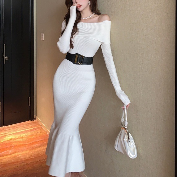 ワンピース レディース ロングワンピース S M L 韓国 マーメイドワンピース ロング丈 長袖 オフショルダー スレンダーライン 異素材ドッキング ウエストベルト ニット きれいめ 大人 お洒落