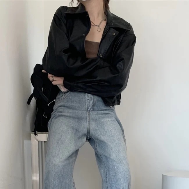エコレザー ジャケット レディース 韓国 クロップド ショートジャケット オーバーサイズ 春 アウター エコレザー ジャケット レディース 韓国 クロップド ショートジャケット オーバーサイズ 春 アウター