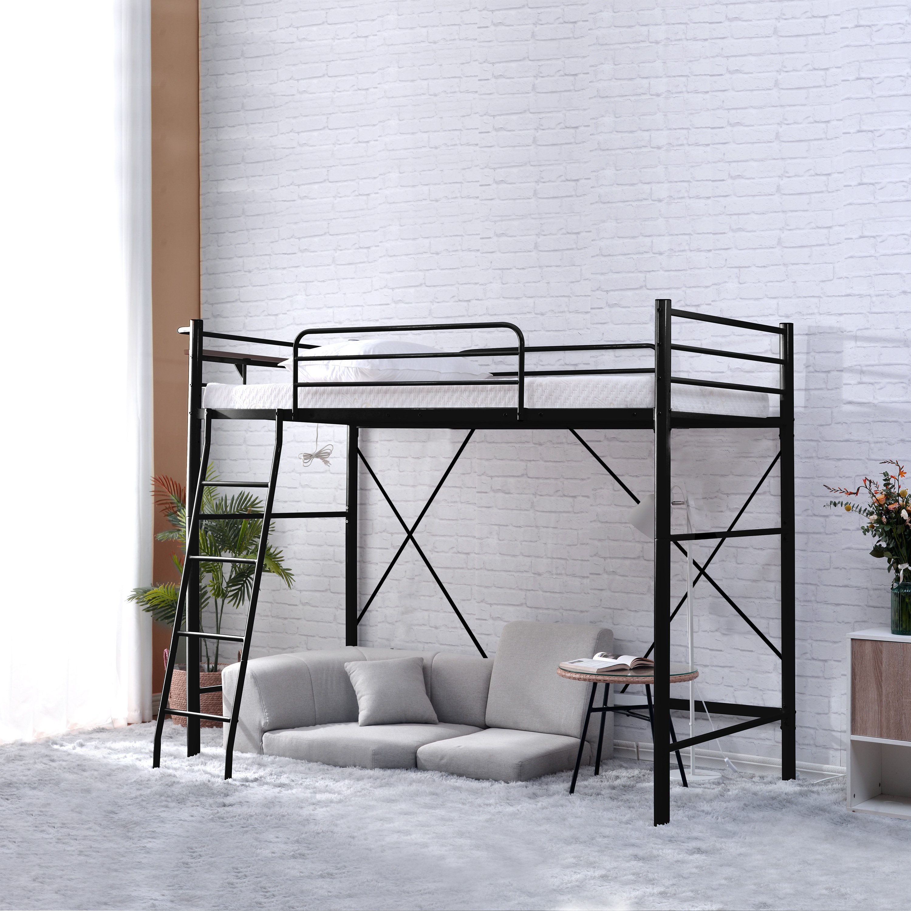 ロフトベッド シングル コンセント付き パイプベッド宮 ロフト 北欧風