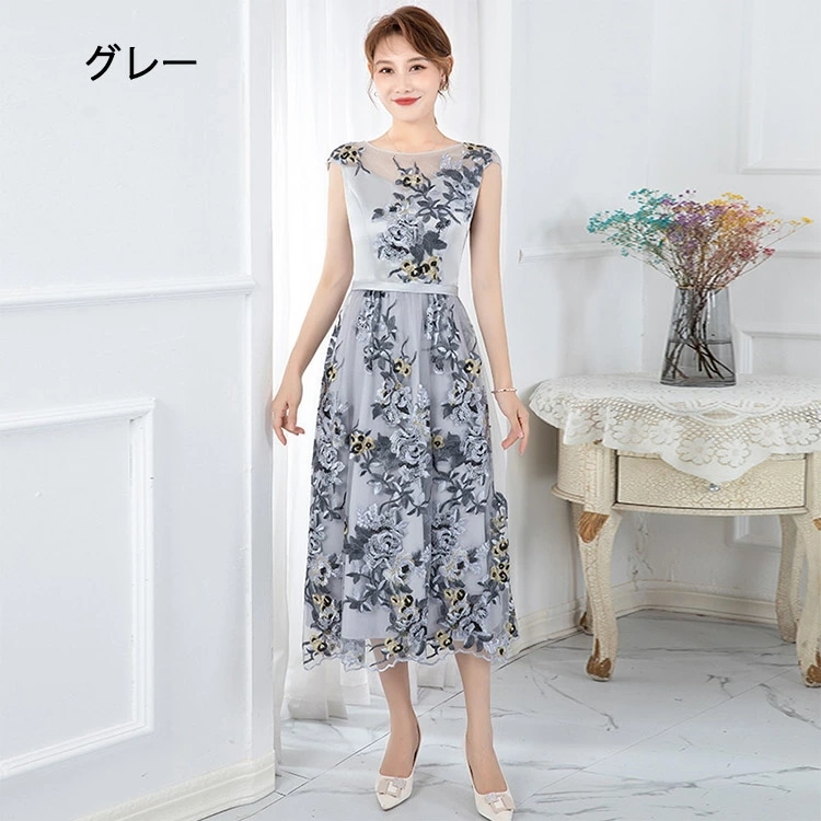 結婚式ドレス 40代 黒 刺繍 花柄 ミモレ丈ドレス ネイビー 紺色 パーティードレス 50代 黒 ブラック サテン チュール 二次会ドレス お呼ばれドレス グレー Aライン 優雅 エレガント