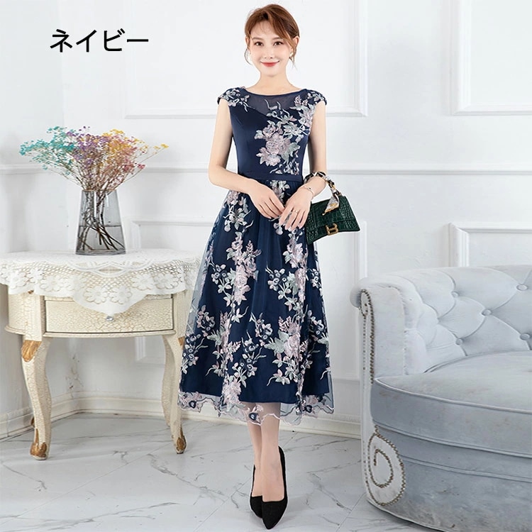 結婚式ドレス 40代 黒 刺繍 花柄 ミモレ丈ドレス ネイビー 紺色 パーティードレス 50代 黒 ブラック サテン チュール 二次会ドレス お呼ばれドレス グレー Aライン 優雅 エレガント