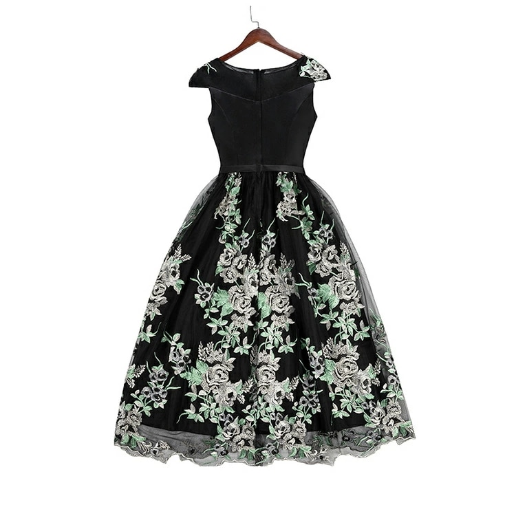 結婚式ドレス 40代 黒 刺繍 花柄 ミモレ丈ドレス ネイビー 紺色 パーティードレス 50代 黒 ブラック サテン チュール 二次会ドレス お呼ばれドレス グレー Aライン 優雅 エレガント