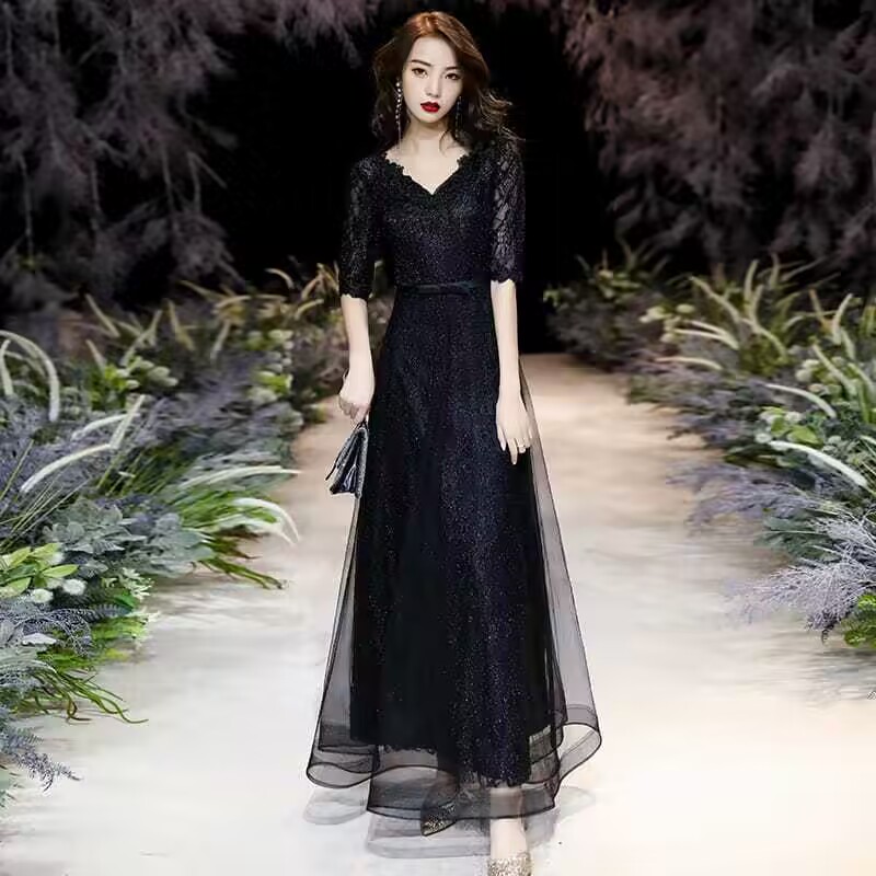 2023新作 ロングドレス 演奏会 結婚式 母親 結婚式 大きいサイズ ワンピース 黒 ブラック Vネック 半袖 五分袖 ステージ おしゃれ 2023新作 ロングドレス 演奏会 結婚式 母親 結婚式 大きいサイズ ワンピース 黒 ブラック Vネック 半袖 五分袖 ステージ おしゃれ