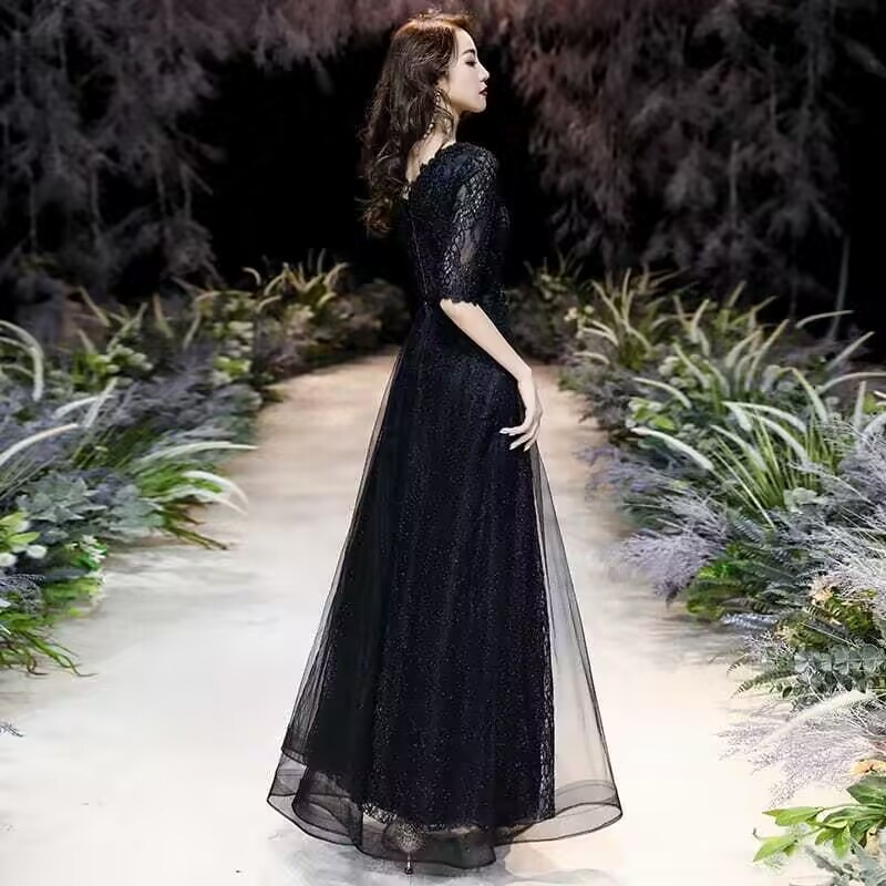 2023新作 ロングドレス 演奏会 結婚式 母親 結婚式 大きいサイズ ワンピース 黒 ブラック Vネック 半袖 五分袖 ステージ おしゃれ 2023新作 ロングドレス 演奏会 結婚式 母親 結婚式 大きいサイズ ワンピース 黒 ブラック Vネック 半袖 五分袖 ステージ おしゃれ