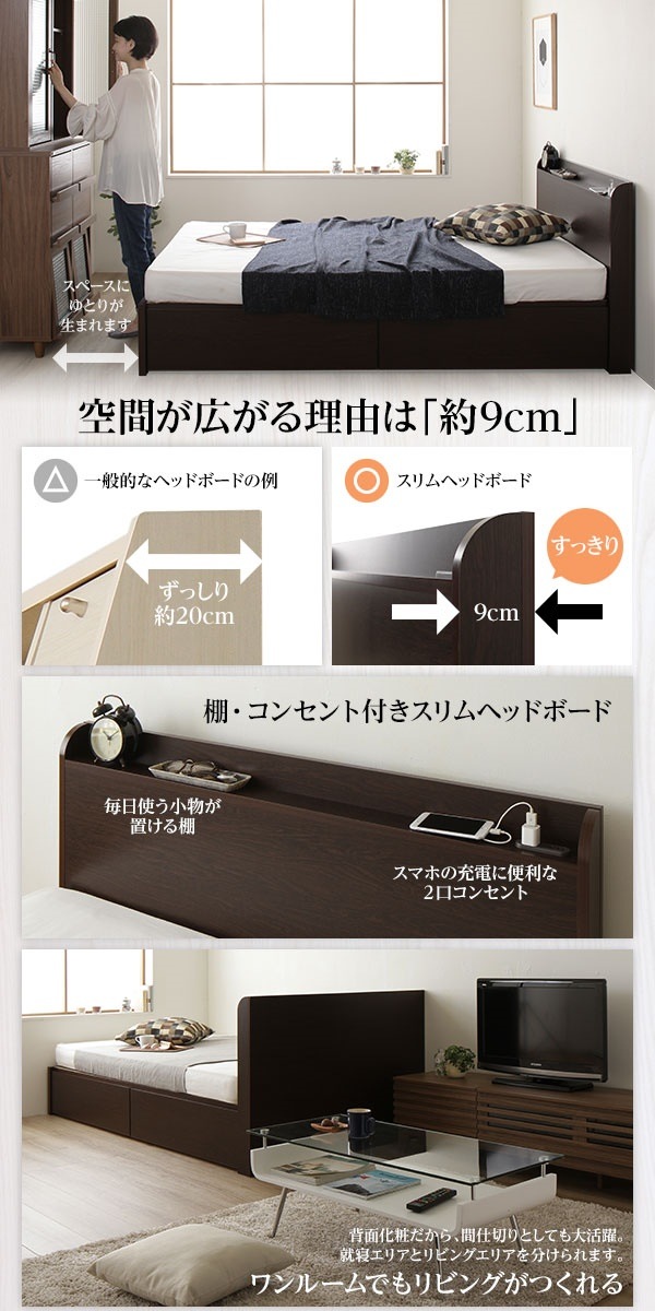 組立設置サービス付き〕薄型宮付き 頑丈ボックス収納 ベッド