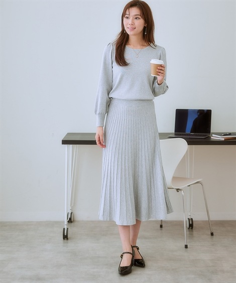 ロング・マキシ丈/半袖 パフ袖プリーツニットワンピース 乾燥機OK・ウォッシャブル・静電防止・毛玉になりにくい・UVカット 大きいサイズ有 ロング・マキシ丈/半袖 パフ袖プリーツニットワンピース 乾燥機OK・ウォッシャブル・静電防止・毛玉になりにくい・UVカット 大きいサイズ有