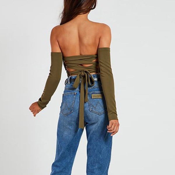 トップス女性ファッションバンデージチューブトップセクシーなストラップレスバックレスロングスリーブショートスタイルTシャツ トップス女性ファッションバンデージチューブトップセクシーなストラップレスバックレスロングスリーブショートスタイルTシャツ