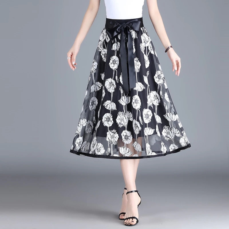 レースプリント Aラインロングスカート夏の新型の韓国垂感はやせている百掛けプリーツスカート