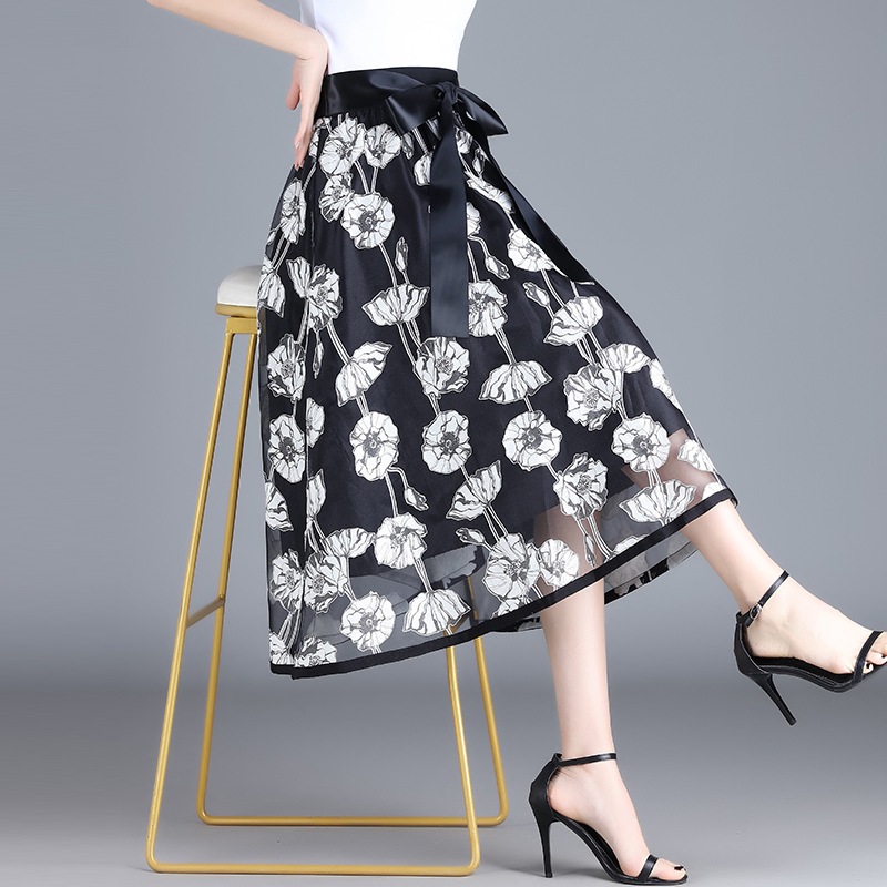 レースプリント Aラインロングスカート夏の新型の韓国垂感はやせている百掛けプリーツスカート