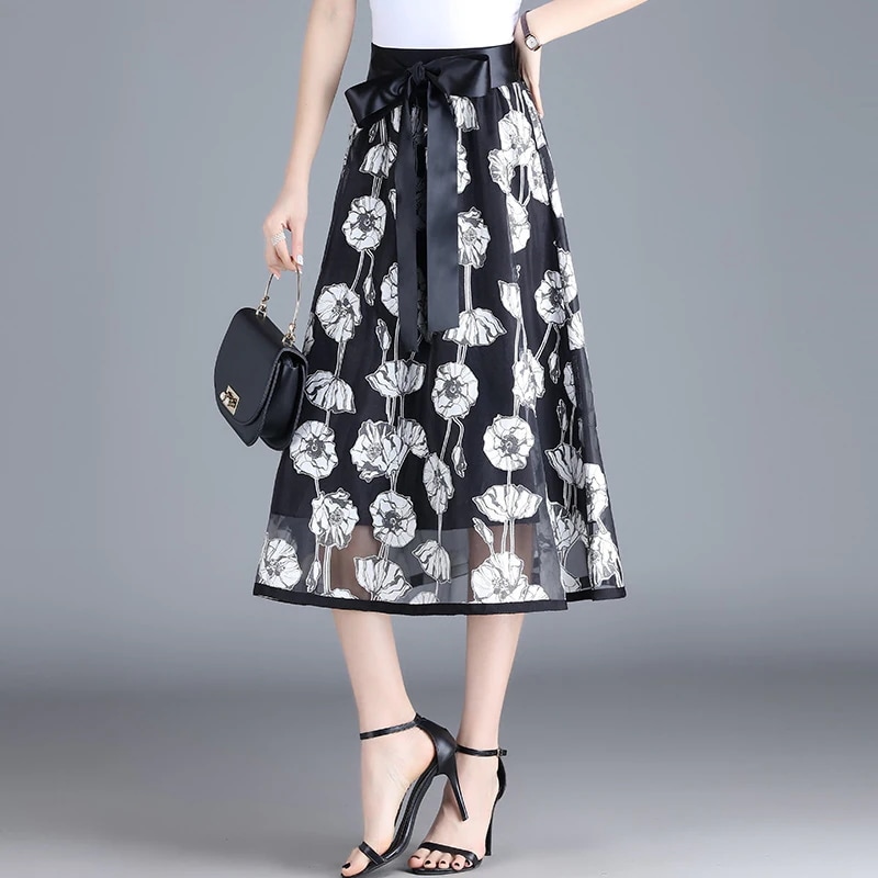 レースプリント Aラインロングスカート夏の新型の韓国垂感はやせている百掛けプリーツスカート