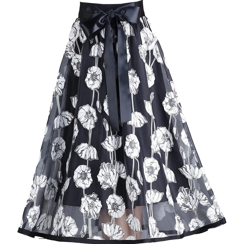 レースプリント Aラインロングスカート夏の新型の韓国垂感はやせている百掛けプリーツスカート