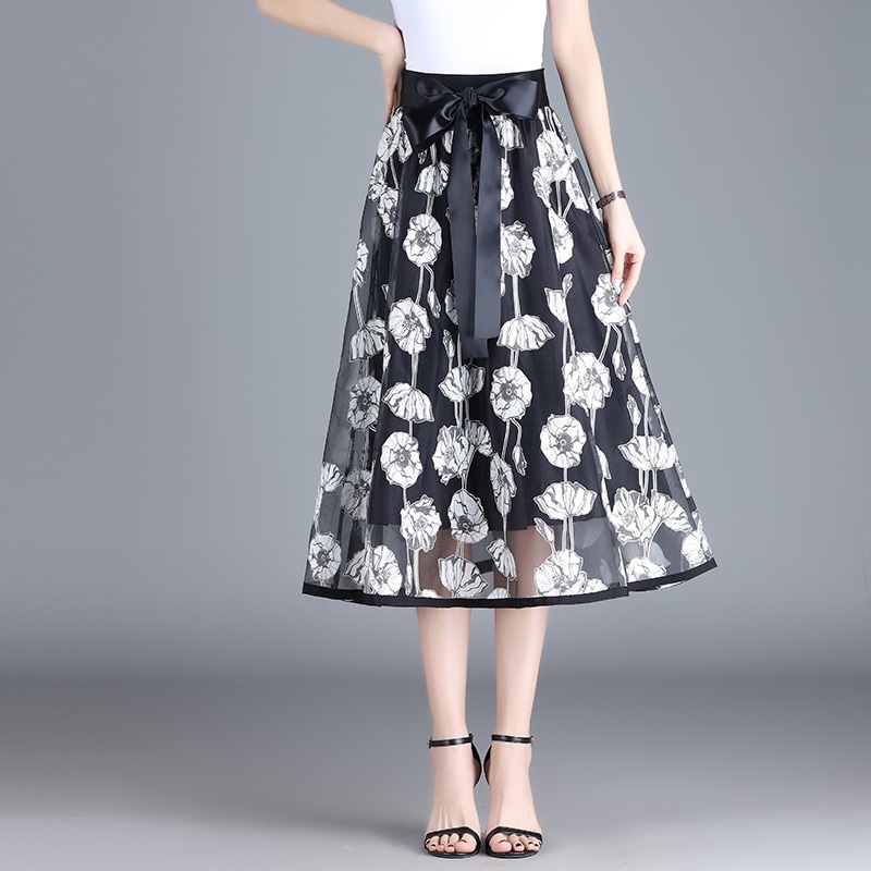 レースプリント Aラインロングスカート夏の新型の韓国垂感はやせている百掛けプリーツスカート