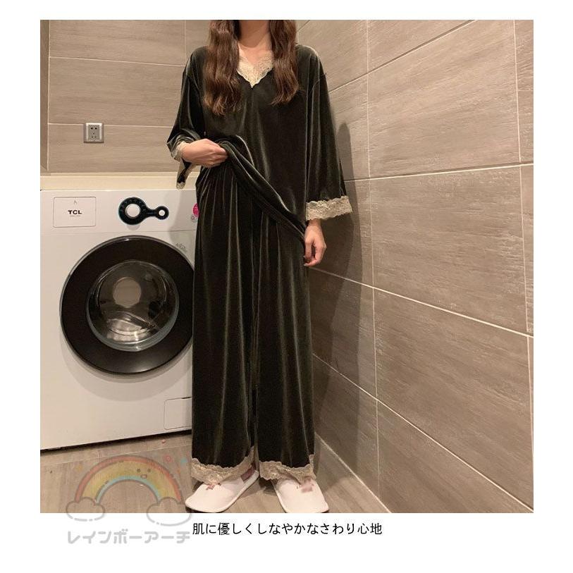ウェア 上下セット レディース 部屋着 長袖 セットアップ レース付き ベロア ストレッチ パジャマ Vネック 厚手 ゆったり 可愛い 部屋着 ナイトウェア