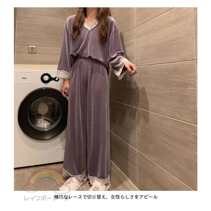 ウェア 上下セット レディース 部屋着 長袖 セットアップ レース付き ベロア ストレッチ パジャマ Vネック 厚手 ゆったり 可愛い 部屋着 ナイトウェア
