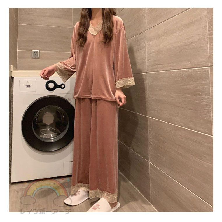 ウェア 上下セット レディース 部屋着 長袖 セットアップ レース付き ベロア ストレッチ パジャマ Vネック 厚手 ゆったり 可愛い 部屋着 ナイトウェア