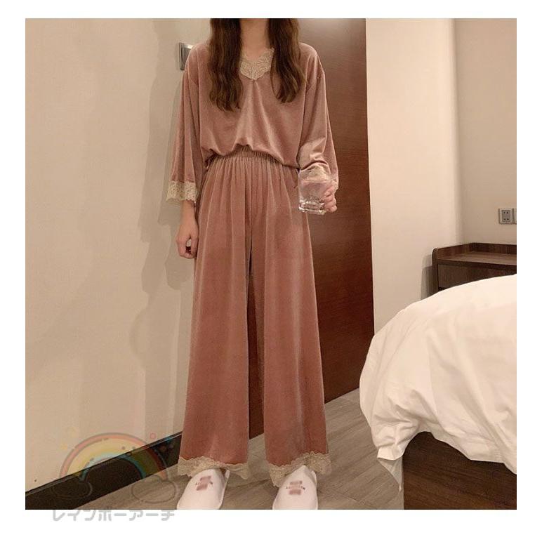 ウェア 上下セット レディース 部屋着 長袖 セットアップ レース付き ベロア ストレッチ パジャマ Vネック 厚手 ゆったり 可愛い 部屋着 ナイトウェア