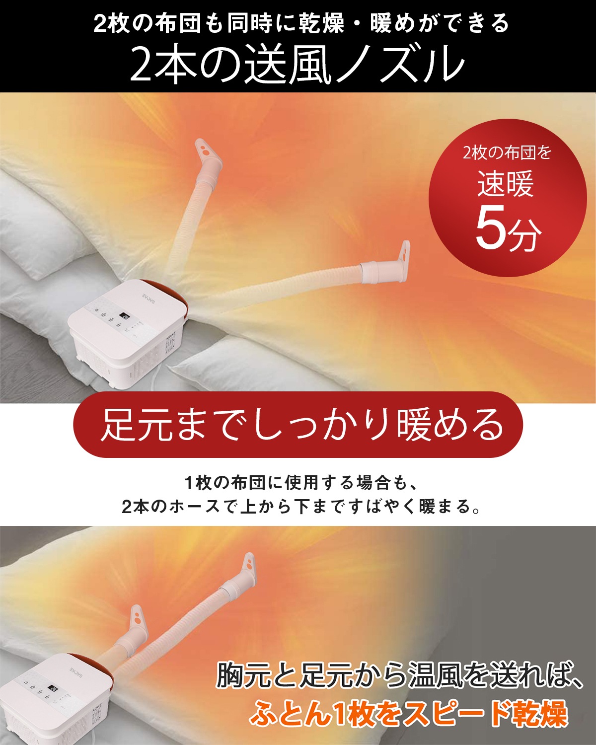【メガ割40%off】EVOVE 布団乾燥機 ふとん乾燥機 布団2組 靴2組対応 ダニ退治 2本の送風ノズル 99.9%除菌 メーカー保証付き 温風機能 マット不要 【メガ割40%off】EVOVE 布団乾燥機 ふとん乾燥機 布団2組 靴2組対応 ダニ退治 2本の送風ノズル 99.9%除菌 メーカー保証付き 温風機能 マット不要