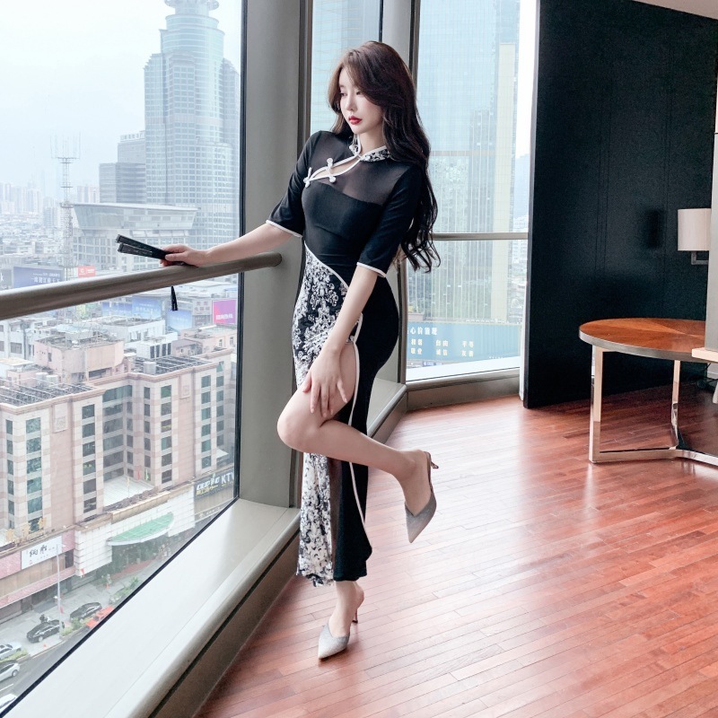 レトロ改良チャイナドレススリットセクシーロングドレスフットバスヘルスクラブ高級ナイトクラブ秋作業服 レトロ改良チャイナドレススリットセクシーロングドレスフットバスヘルスクラブ高級ナイトクラブ秋作業服