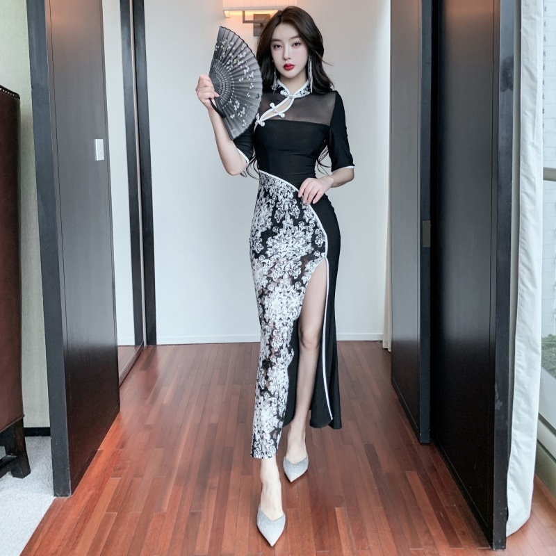 レトロ改良チャイナドレススリットセクシーロングドレスフットバスヘルスクラブ高級ナイトクラブ秋作業服 レトロ改良チャイナドレススリットセクシーロングドレスフットバスヘルスクラブ高級ナイトクラブ秋作業服