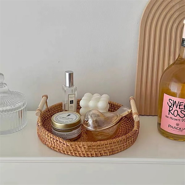 Qoo10] トレー トレイ ラタン 円形 丸型 お盆