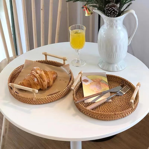 トレー トレイ ラタン 円形 丸型 おぼん 取っ手付き おし お盆 トレー ラタントレイ トレー トレイ ラタン 円形 丸型 お