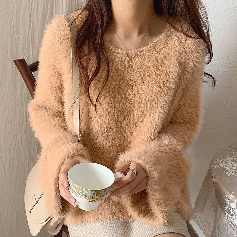 シャギーニット シャギートップス キャメル グレー ほわほわ ふわふわ プルオーバー 長袖 ルーズ 韓国 レディース かわいい 可愛い 大人可愛い 大人女子 きれいめ