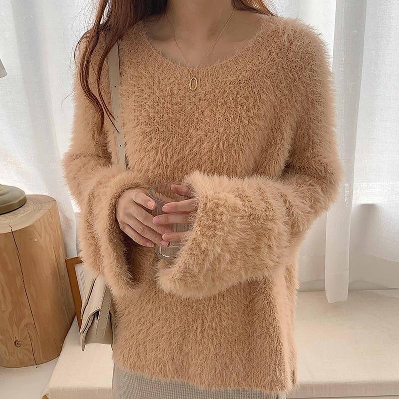 シャギーニット シャギートップス キャメル グレー ほわほわ ふわふわ プルオーバー 長袖 ルーズ 韓国 レディース かわいい 可愛い 大人可愛い 大人女子 きれいめ