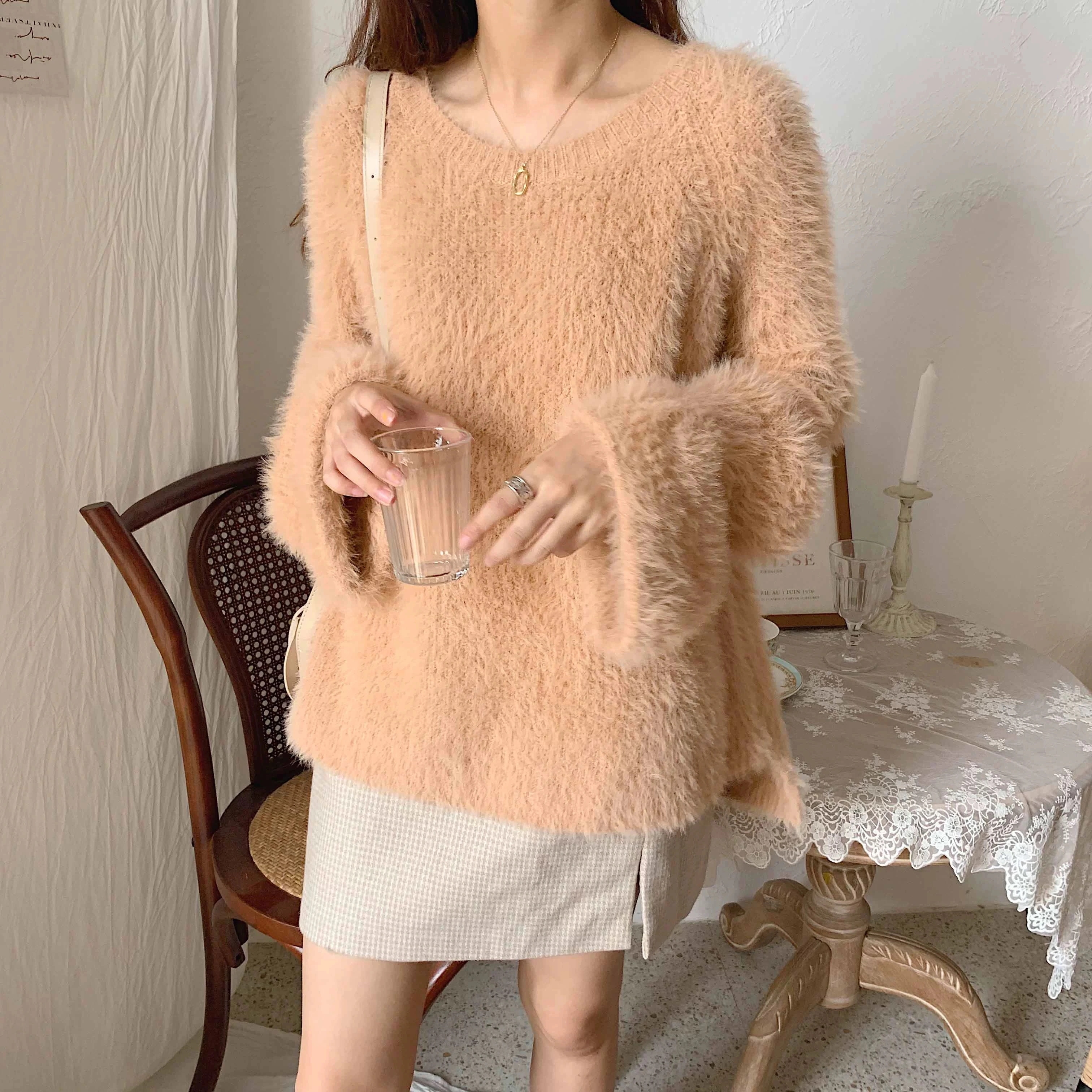 シャギーニット シャギートップス キャメル グレー ほわほわ ふわふわ プルオーバー 長袖 ルーズ 韓国 レディース かわいい 可愛い 大人可愛い 大人女子 きれいめ