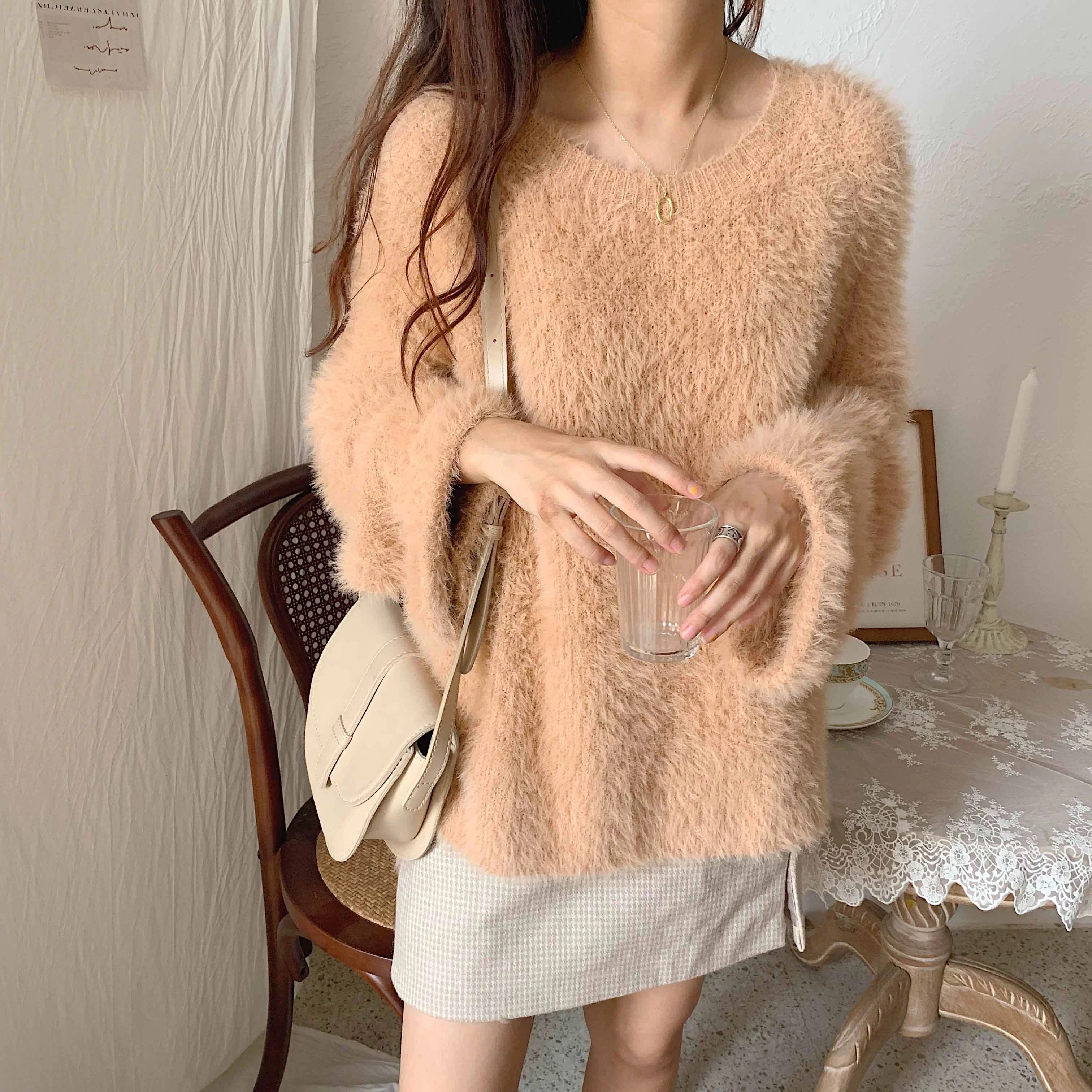 シャギーニット シャギートップス キャメル グレー ほわほわ ふわふわ プルオーバー 長袖 ルーズ 韓国 レディース かわいい 可愛い 大人可愛い 大人女子 きれいめ