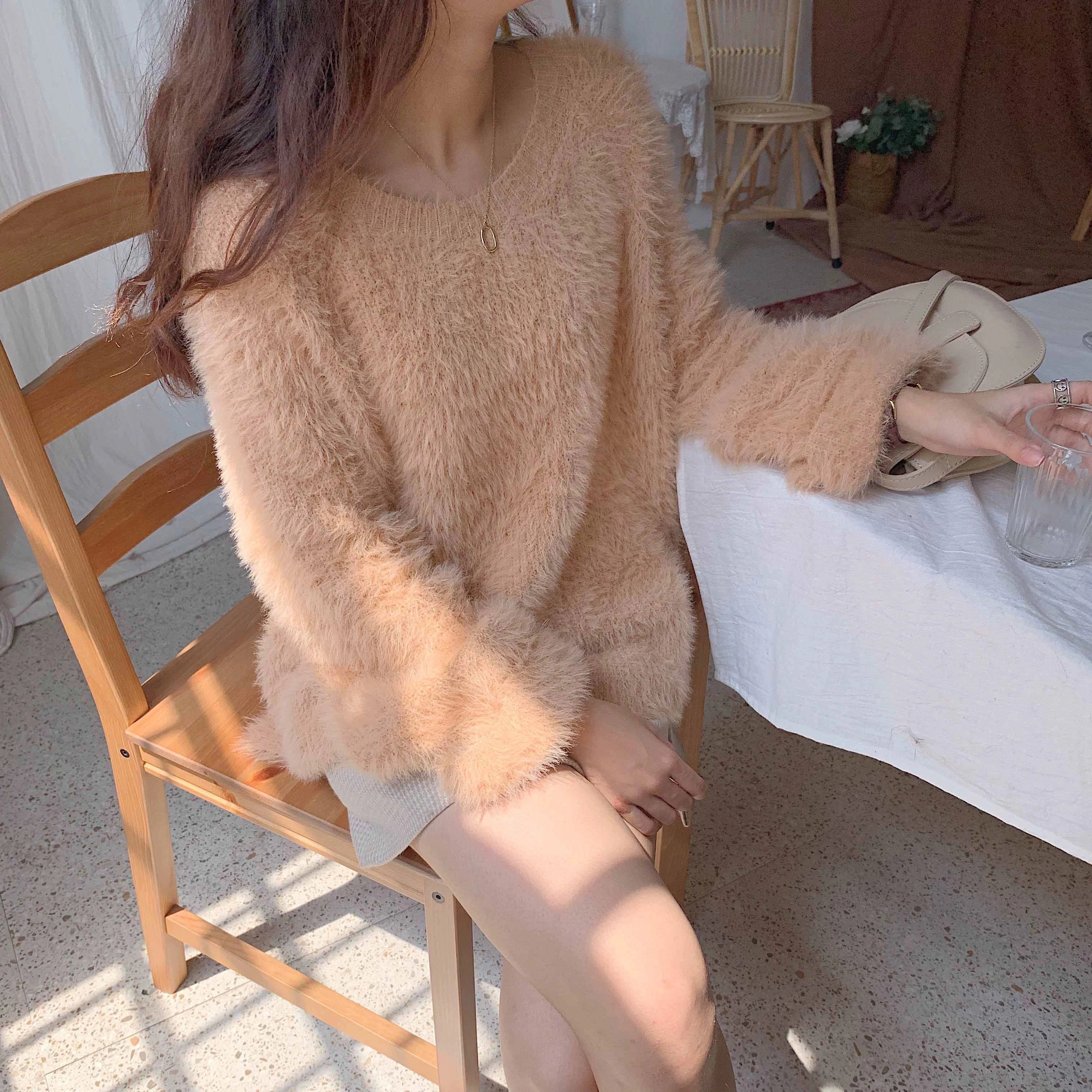 シャギーニット シャギートップス キャメル グレー ほわほわ ふわふわ プルオーバー 長袖 ルーズ 韓国 レディース かわいい 可愛い 大人可愛い 大人女子 きれいめ