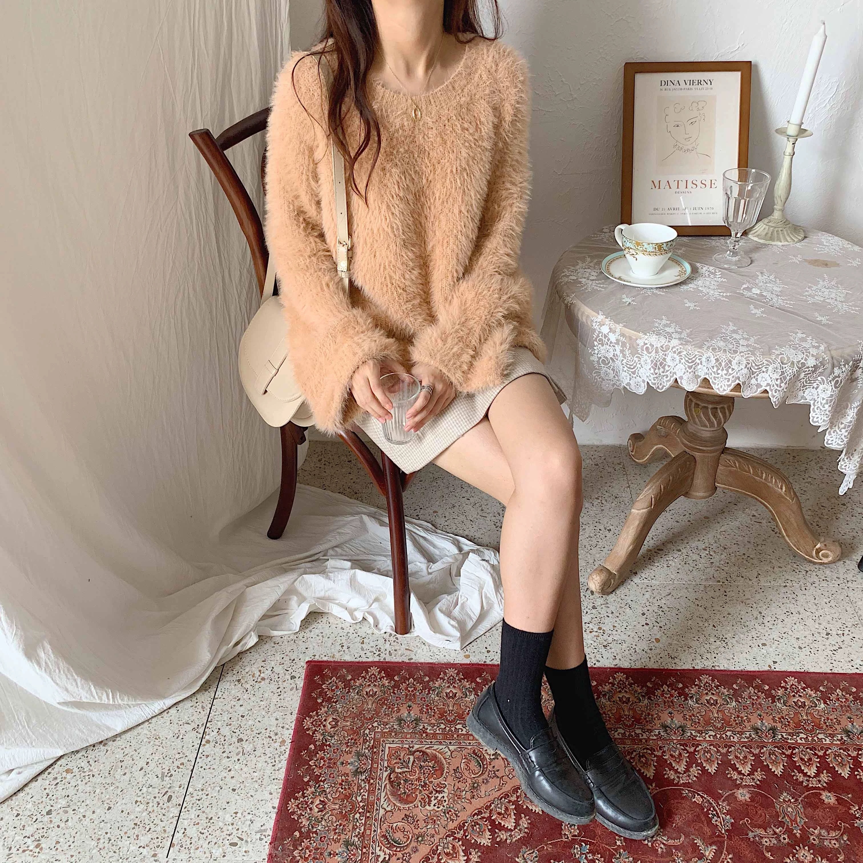 シャギーニット シャギートップス キャメル グレー ほわほわ ふわふわ プルオーバー 長袖 ルーズ 韓国 レディース かわいい 可愛い 大人可愛い 大人女子 きれいめ