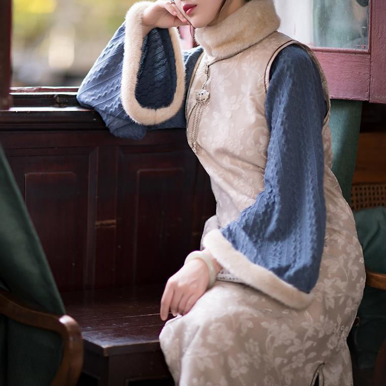 2025冬レトロフェイクツーピースキルティングウール衿逆大袖気質暖かいチャイナドレス改良版ワンピース 母の日 母の日-0008572 2025冬レトロフェイクツーピースキルティングウール衿逆大袖気質暖かいチャイナドレス改良版ワンピース 母の日 母の日-0008572