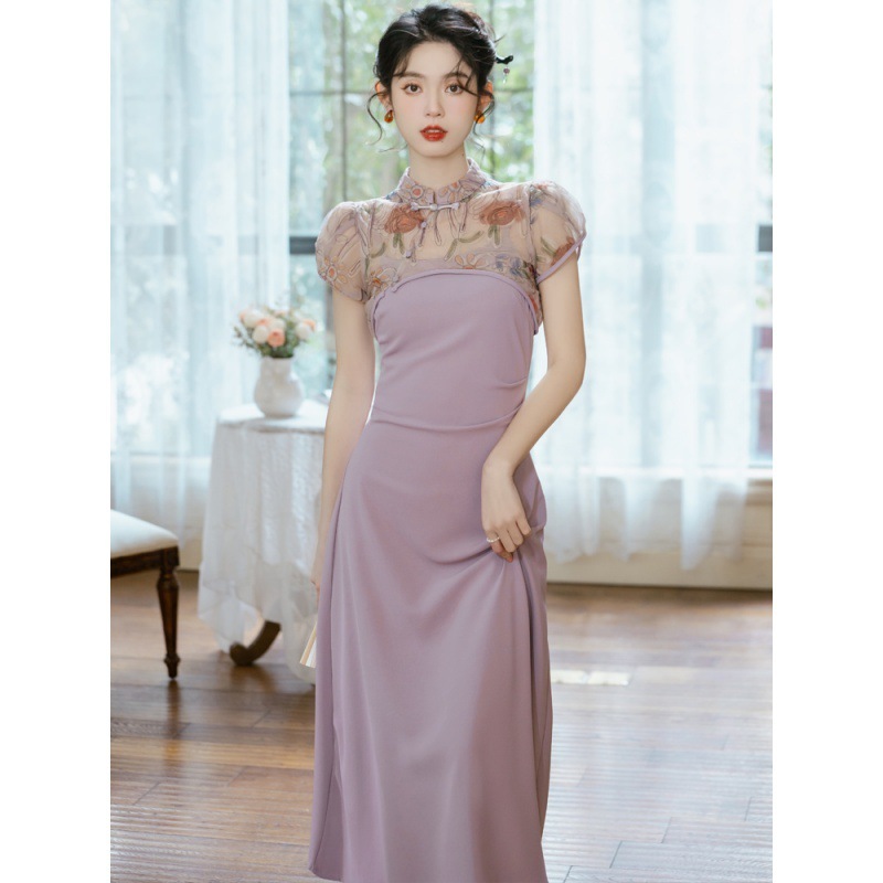 夏新作 ツーピース 紫 キャミソール スカート 民族風 レトロ 新作 中国風 改良チャイナドレス 三亜 バカンス