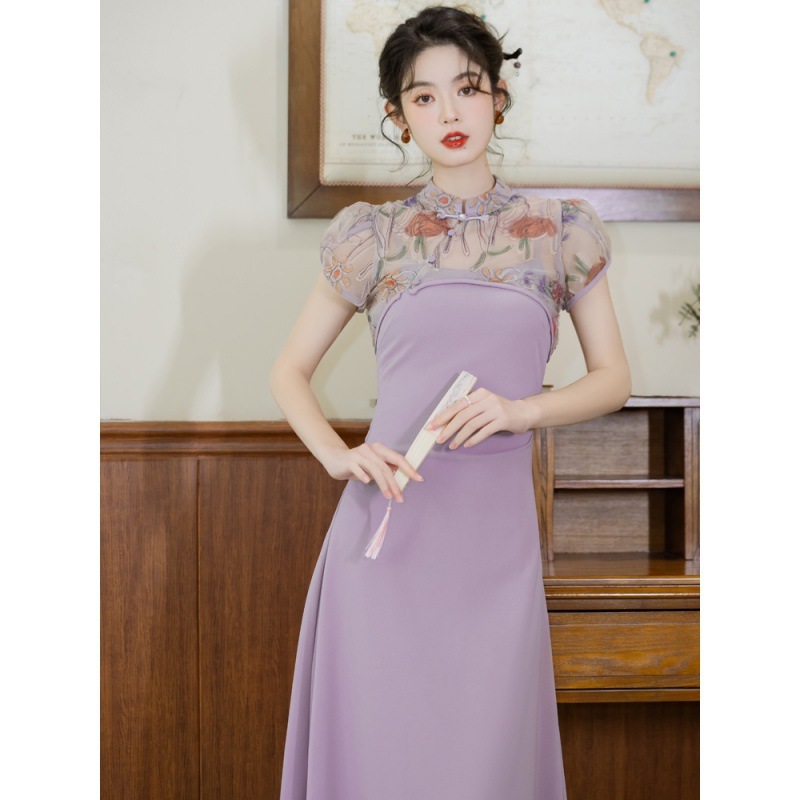 夏新作 ツーピース 紫 キャミソール スカート 民族風 レトロ 新作 中国風 改良チャイナドレス 三亜 バカンス