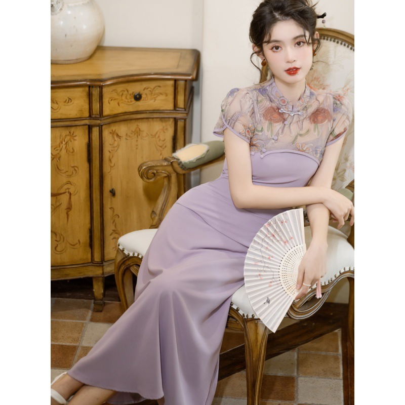 夏新作 ツーピース 紫 キャミソール スカート 民族風 レトロ 新作 中国風 改良チャイナドレス 三亜 バカンス