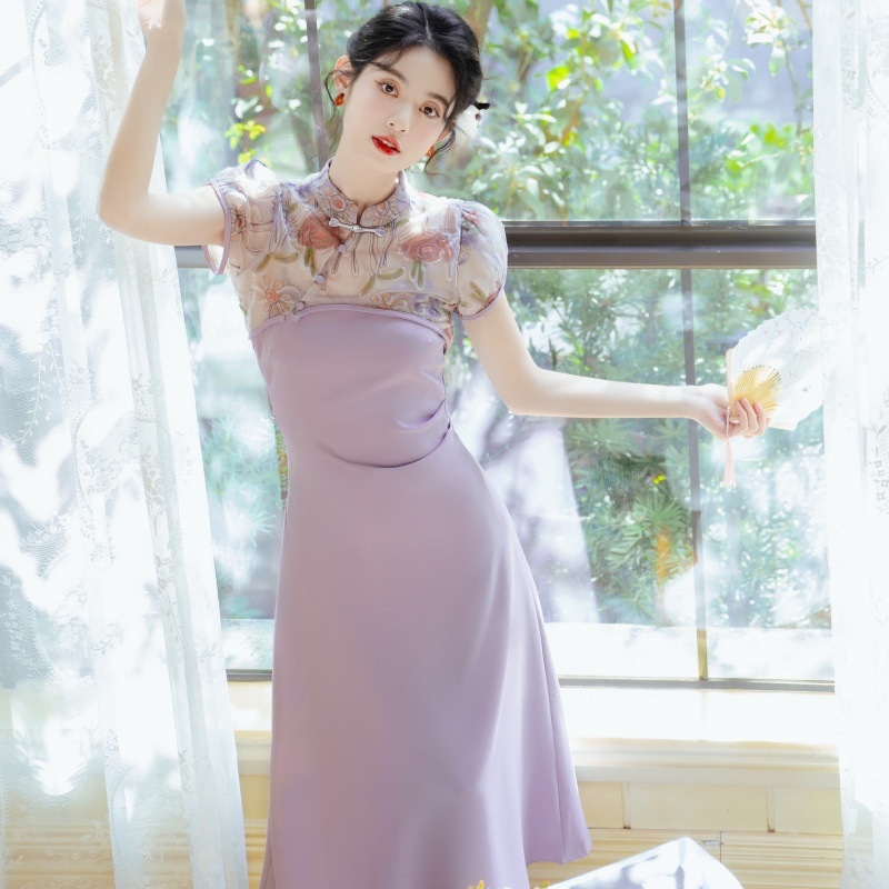 夏新作 ツーピース 紫 キャミソール スカート 民族風 レトロ 新作 中国風 改良チャイナドレス 三亜 バカンス