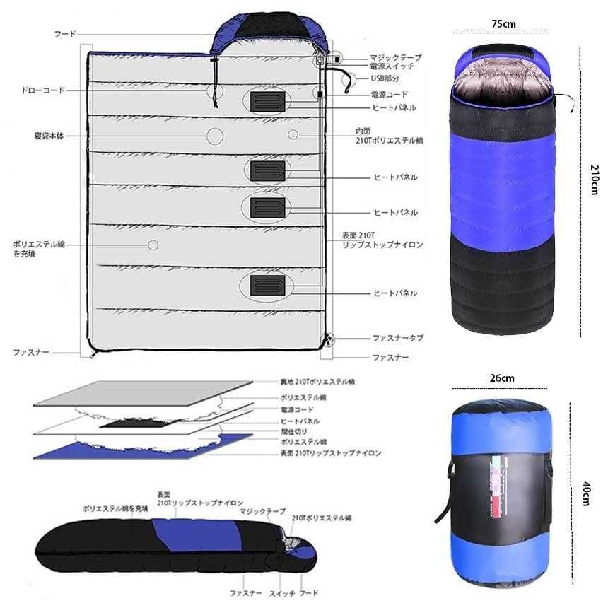 封筒型 寝袋 シュラフ 電熱寝袋 USB給電式 4つヒーター内蔵 電気シュラフ 封筒型 寝袋 シュラフ 電熱寝袋 USB給電式 4つヒーター内蔵 電気