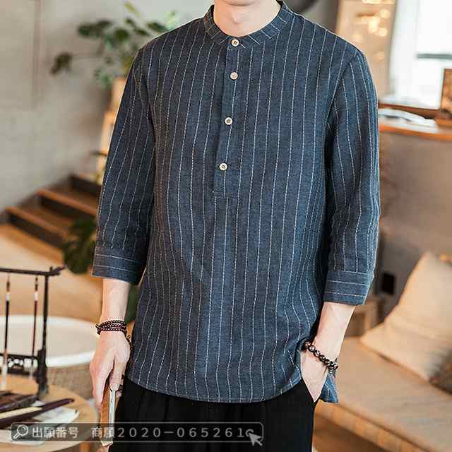 最安挑戦 春新作 送料無料 新作 シャツ メンズ シャツ リネンシャツ 綿麻 立襟 春 夏 爽やか メンズ トップス 七分袖 カジュアルシャツ 無地 ストライプ ビジネス おしゃれ かっこいい 夏服