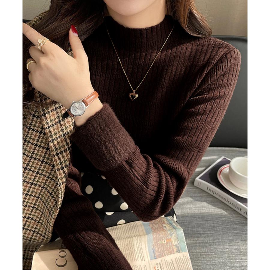 裏起毛 プチハイネックニットトップス厚手 裏起毛 プチハイネックニットトップス厚手