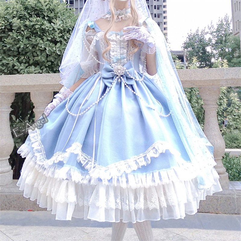 ジャンパースカート ロリータファッション ゴシック ロリータ 白 黒 ピンク ブルー ゴスロリ ドレス ノースリーブ 豪華 フリル かわいい イベント 衣装 ロマンティック ゆめかわ 花嫁コスプレ