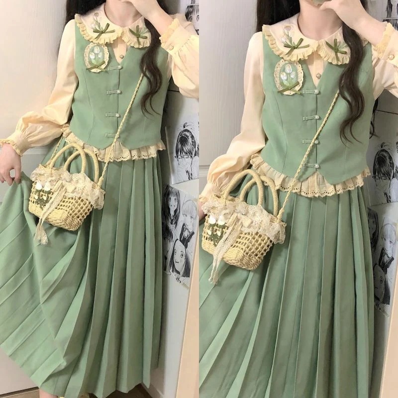 【フルセット】チューリップ新韓国人形襟シャツベスト百フリルスカートセット森系レディース 【フルセット】チューリップ新韓国人形襟シャツベスト百フリルスカートセット森系レディース