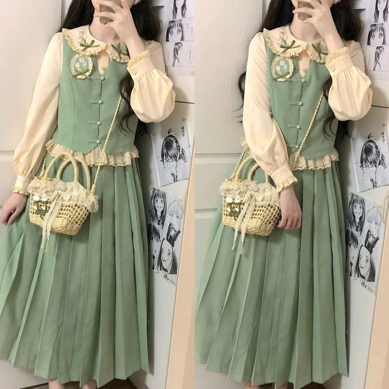 【フルセット】チューリップ新韓国人形襟シャツベスト百フリルスカートセット森系レディース 【フルセット】チューリップ新韓国人形襟シャツベスト百フリルスカートセット森系レディース