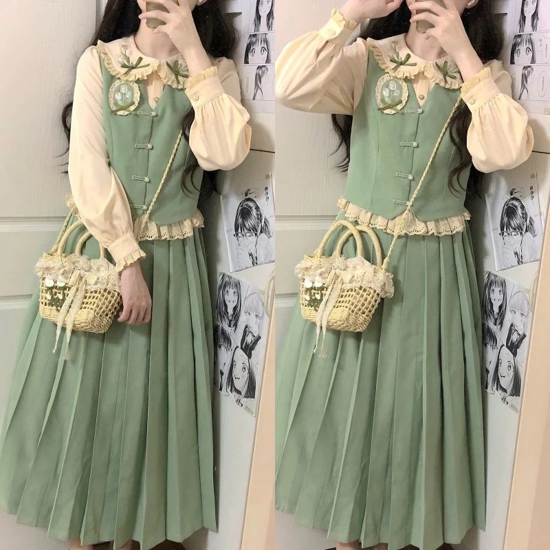 【フルセット】チューリップ新韓国人形襟シャツベスト百フリルスカートセット森系レディース 【フルセット】チューリップ新韓国人形襟シャツベスト百フリルスカートセット森系レディース