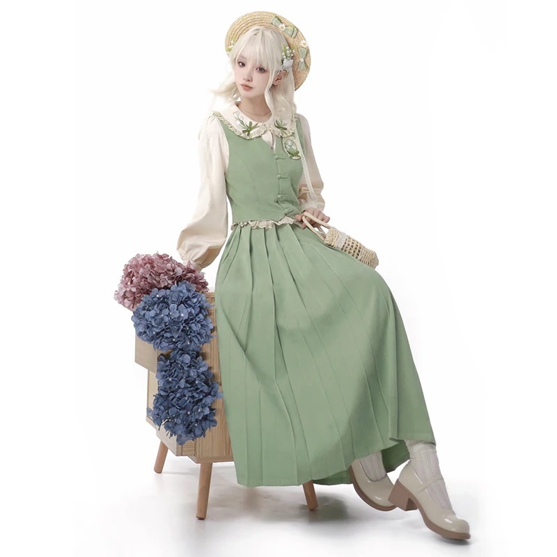 【フルセット】チューリップ新韓国人形襟シャツベスト百フリルスカートセット森系レディース 【フルセット】チューリップ新韓国人形襟シャツベスト百フリルスカートセット森系レディース