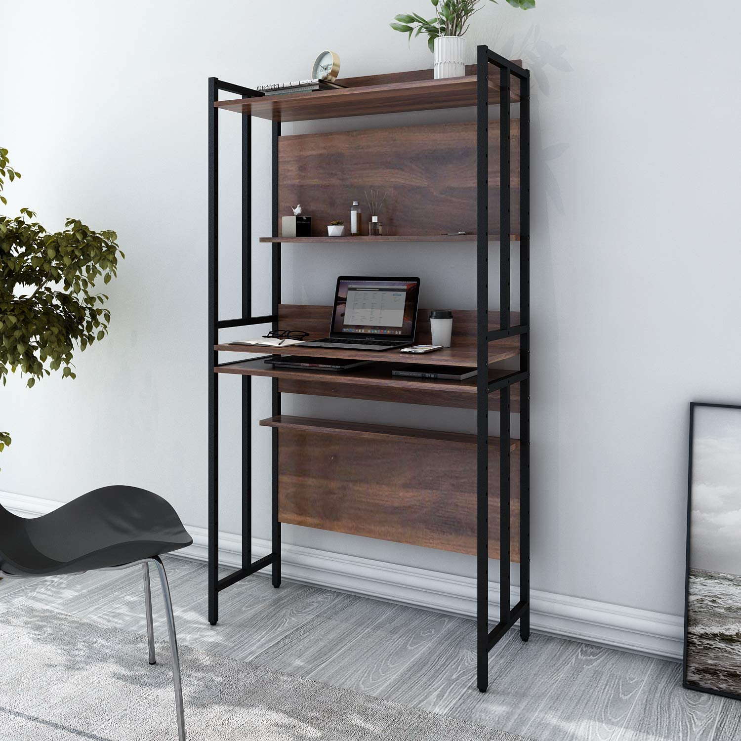 FRSTONE ラック シェルフ ハンガーラック リビング収納家具 幅84×奥行34cm 本棚 食器棚 5段 スチールラック レンジ台 収納棚 オープンラック スリム 棚 おしゃれ 自由変化 棚板高さ