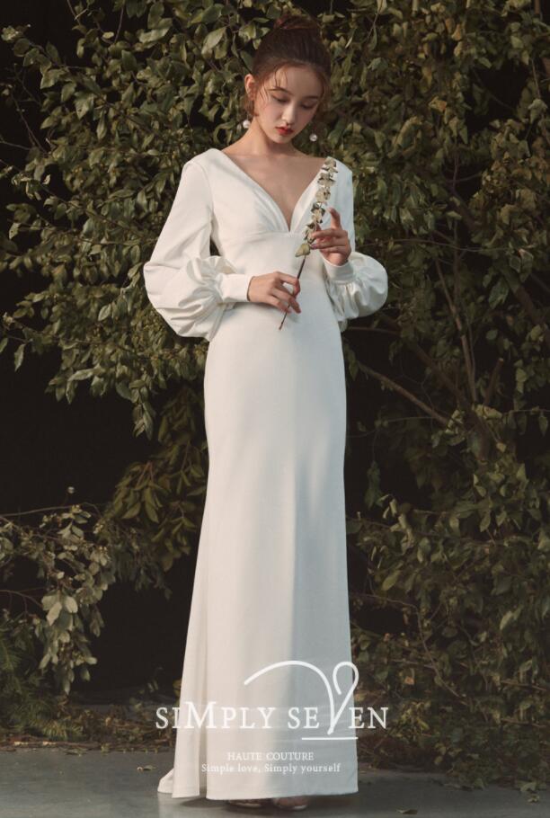 フォマール ドレス ウェディングドレス 長袖 Vネック 無地 ロング ウエディングドレス エレガント 結婚式 披露宴 パーティー 二次会 演奏会 ドレス シンプル 森系 ドレス 背中もVネック ファス フォマール ドレス ウェディングドレス 長袖 Vネック 無地 ロング ウエディングドレス エレガント 結婚式 披露宴 パーティー 二次会 演奏会 ドレス シンプル 森系 ドレス 背中もVネック ファス