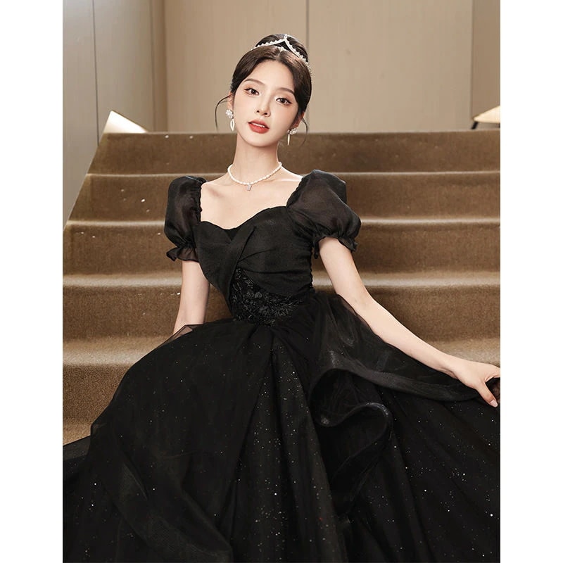 【追加】演奏会/ロングドレス韓国ファッション/入学式/卒業式 礼服 黒のイブニングドレスのスカート2025新しい宴会気質シニアセンスロングハイエンド冬のドレス